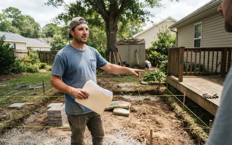 A retaining wall under construction in a Lexington backyard, with a contractor checking a stamped permit document against the site plan