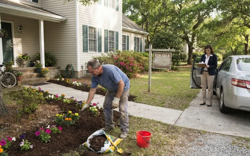 A tidy, freshly mulched front yard with trimmed shrubs and a clear walkway leading to a Lexington home with a for-sale sign visible
