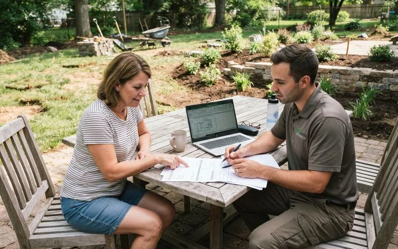 A landscaping crew reviewing a written estimate with a homeowner in a Lexington yard, clipboard in hand, comparing project scope line items