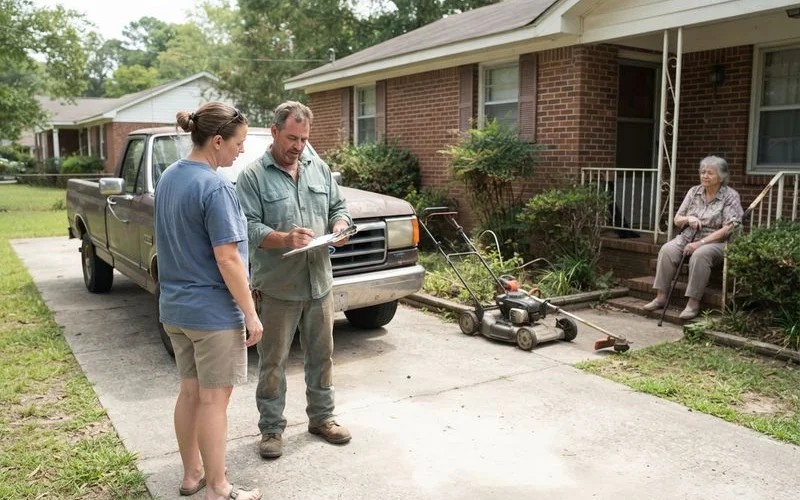 An adult child and an aging parent reviewing a lawn care service schedule together at a kitchen table, with a landscaping company brochure nearby